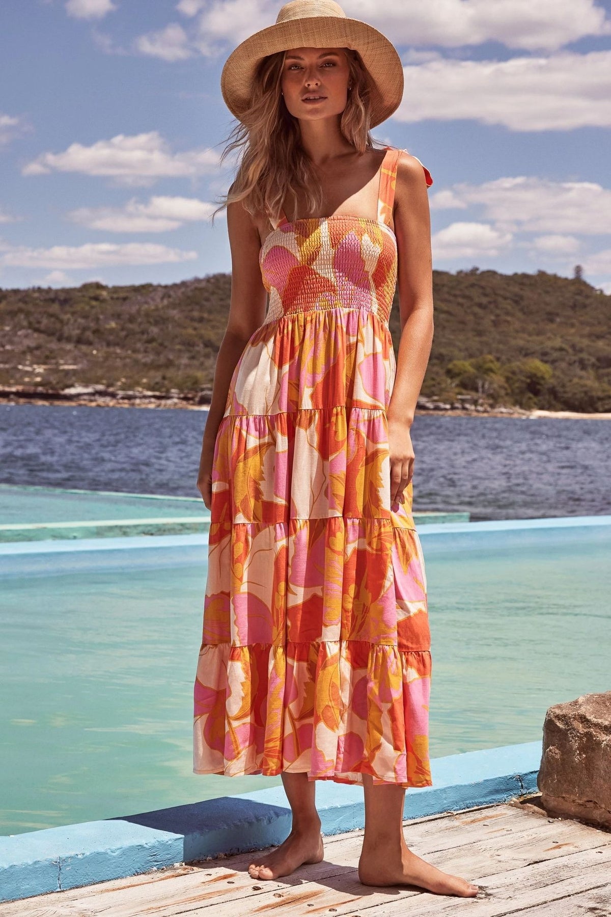 Printed High-Waist Pleated Maxi Dress