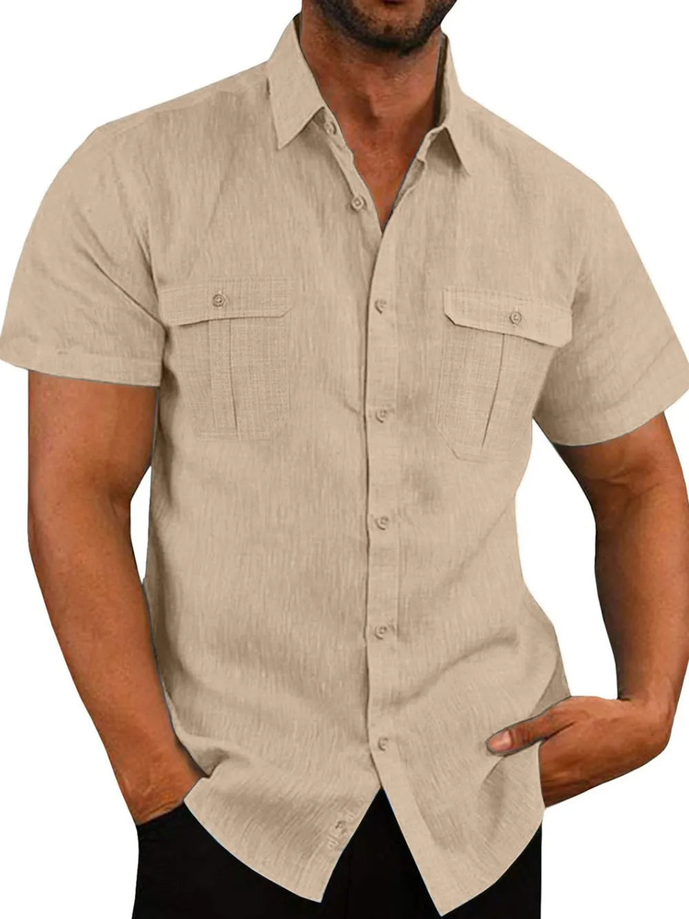 Men's Plus Size Short-Sleeve Linen-Cotton Shirt