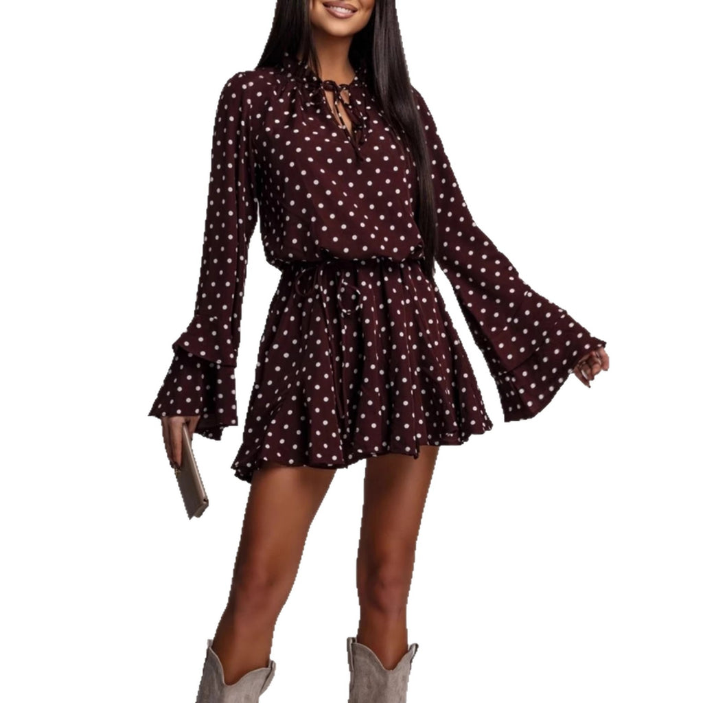 Women's Plus Size Polka-Dot Long-Sleeve V-Neck Dress