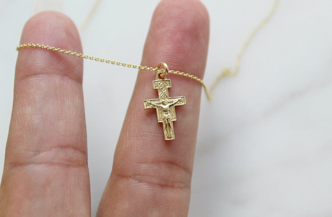 14K Gold San Damiano Crucifix Necklace