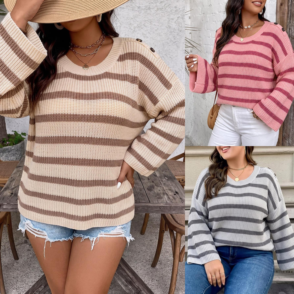 Women's Plus Size Striped Button-Detail Sweater