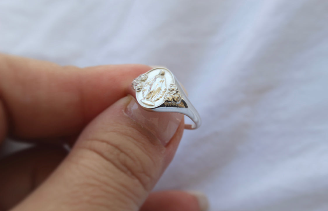 925 Sterling Silver Miraculous Medal Signet Ring