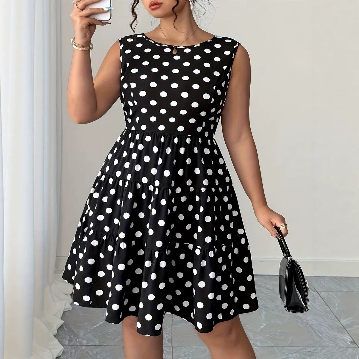 Women's Plus Size Polka-Dot Colorblock Print Dress