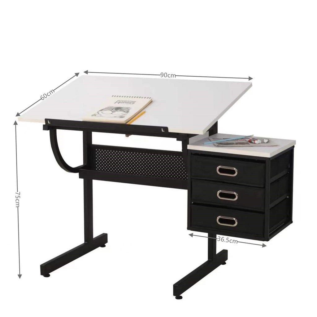 White Adjustable Drafting Desk & Stool with 3 Drawers