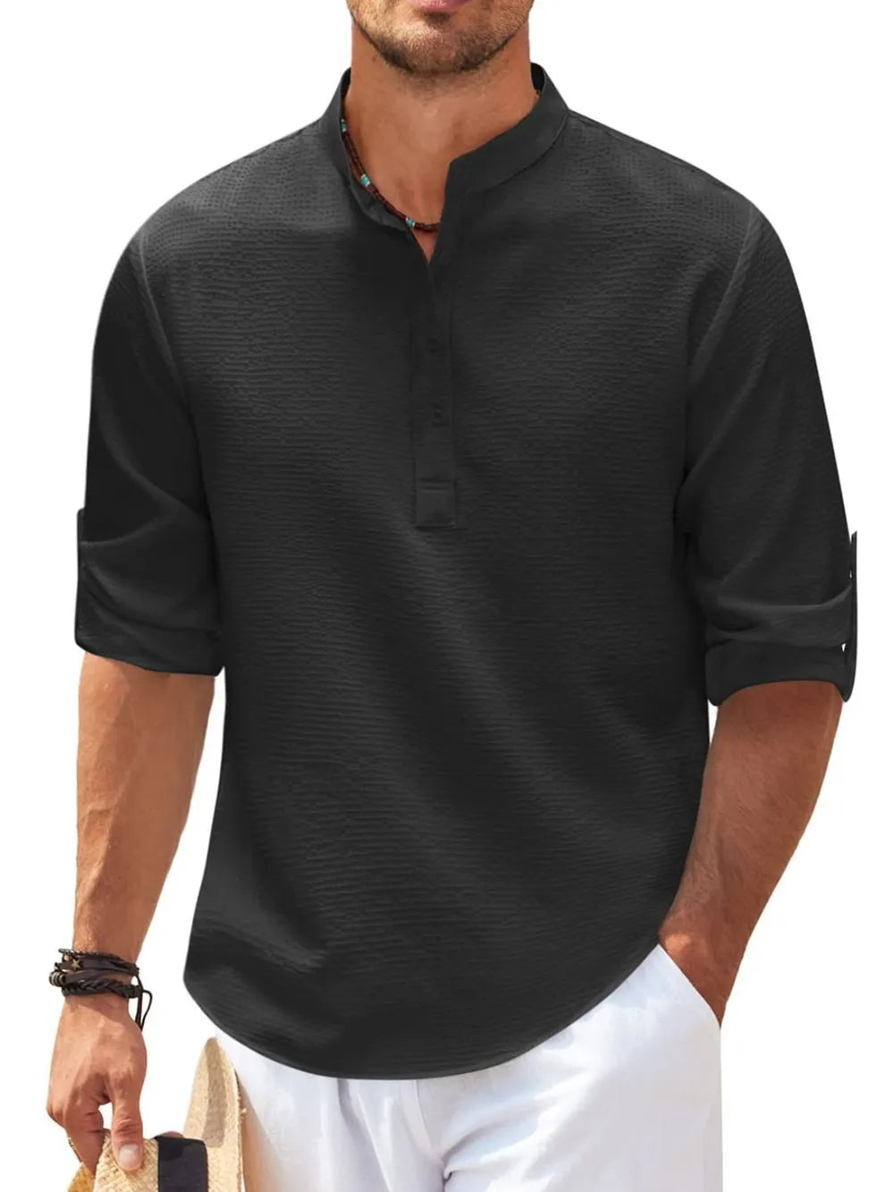 Men's Plus Size Half-Button Long-Sleeve Shirt