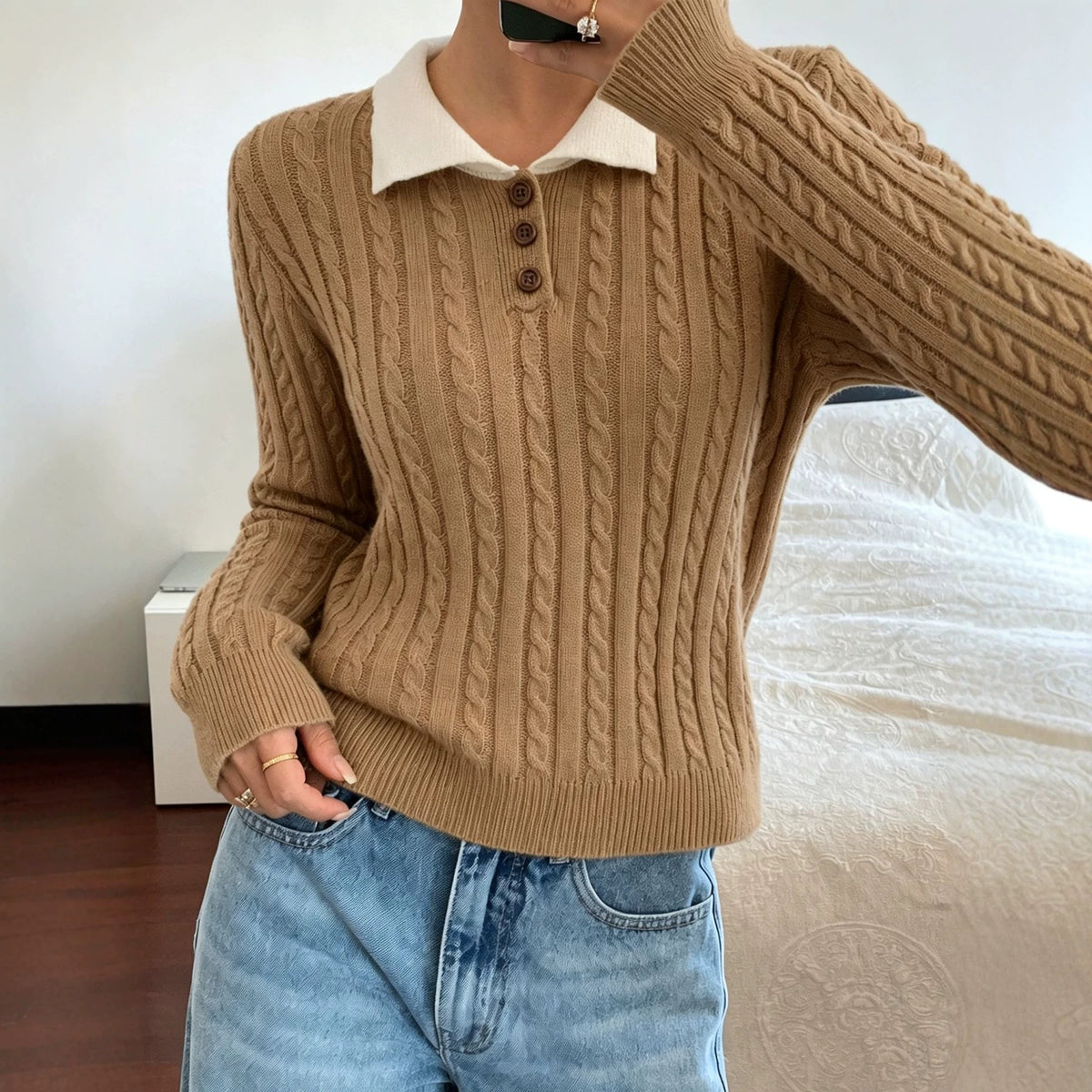 Polo-Collar Long-Sleeve Sweater