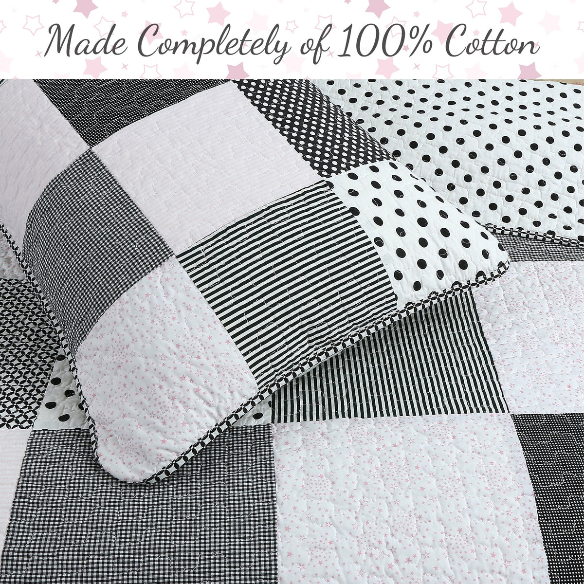 Pink, Black & White Polka Dot Cotton Patchwork Quilt Set