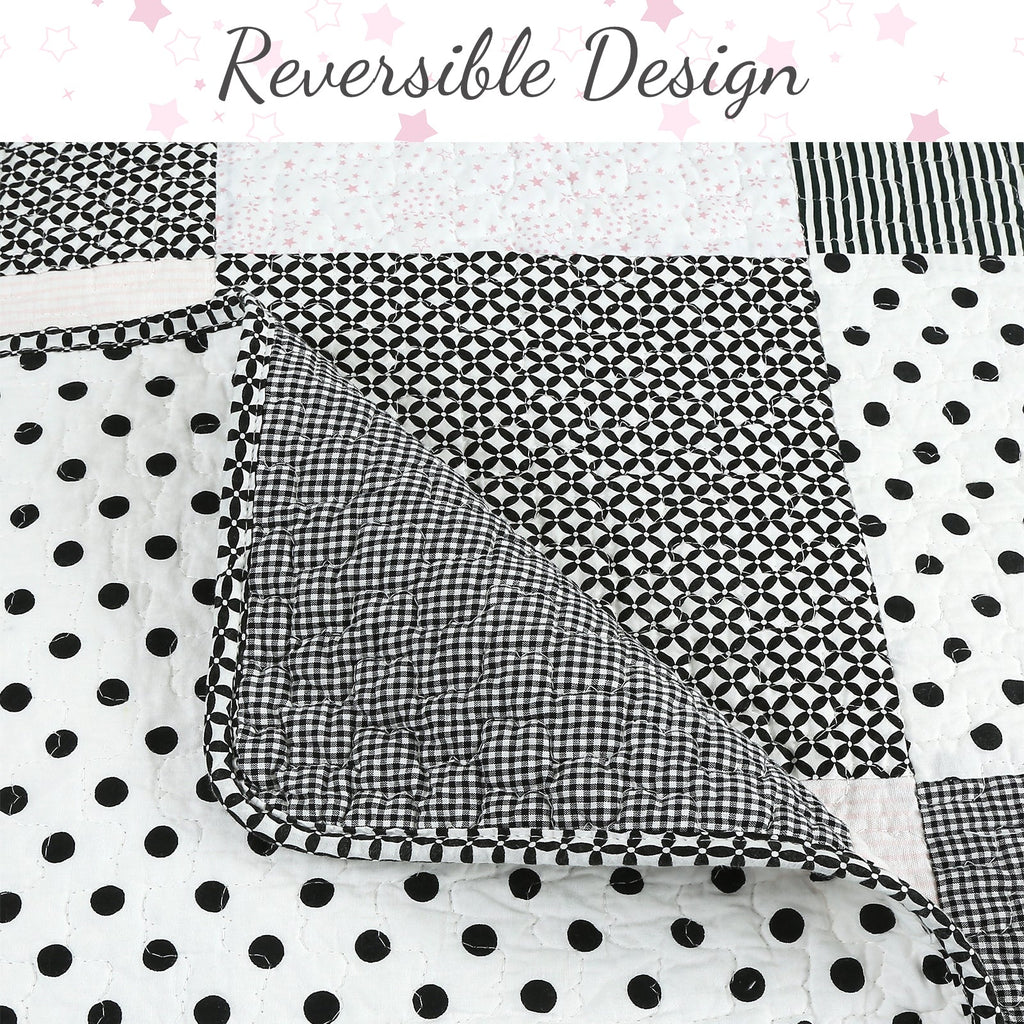 Pink, Black & White Polka Dot Cotton Patchwork Quilt Set
