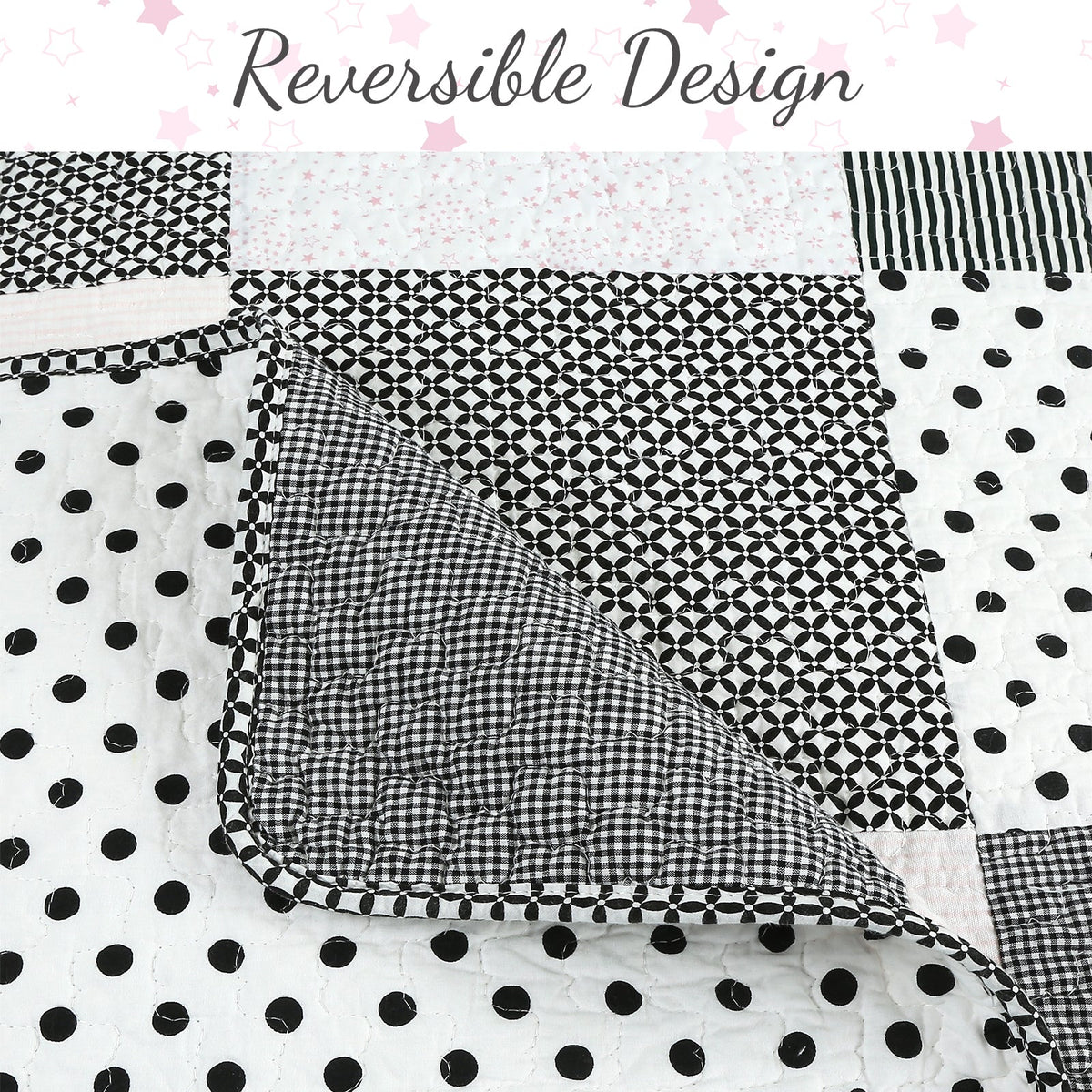 Pink, Black & White Polka Dot Cotton Patchwork Quilt Set