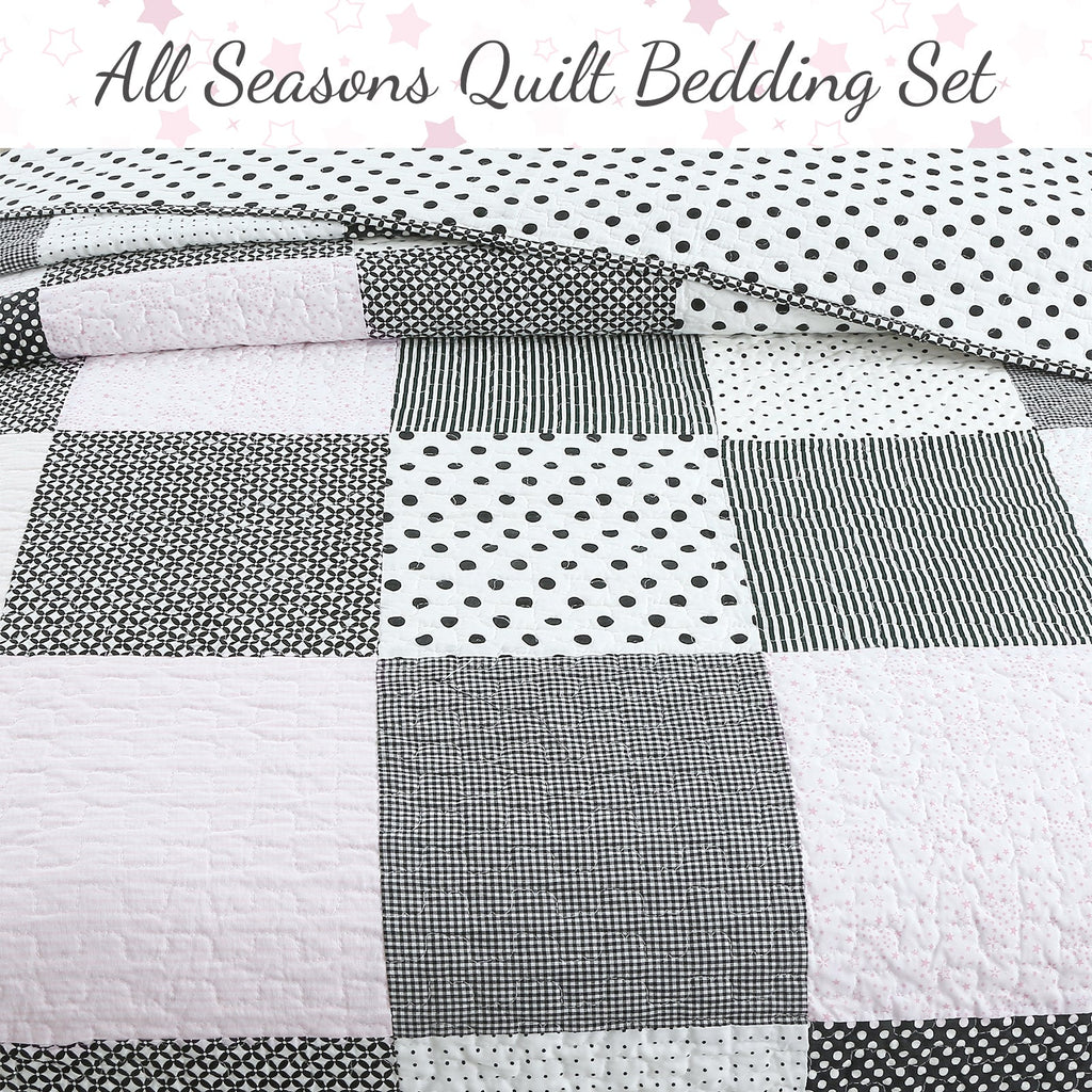 Pink, Black & White Polka Dot Cotton Patchwork Quilt Set