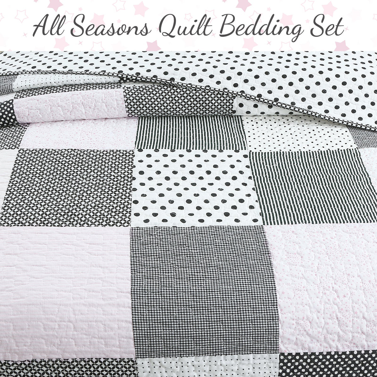 Pink, Black & White Polka Dot Cotton Patchwork Quilt Set