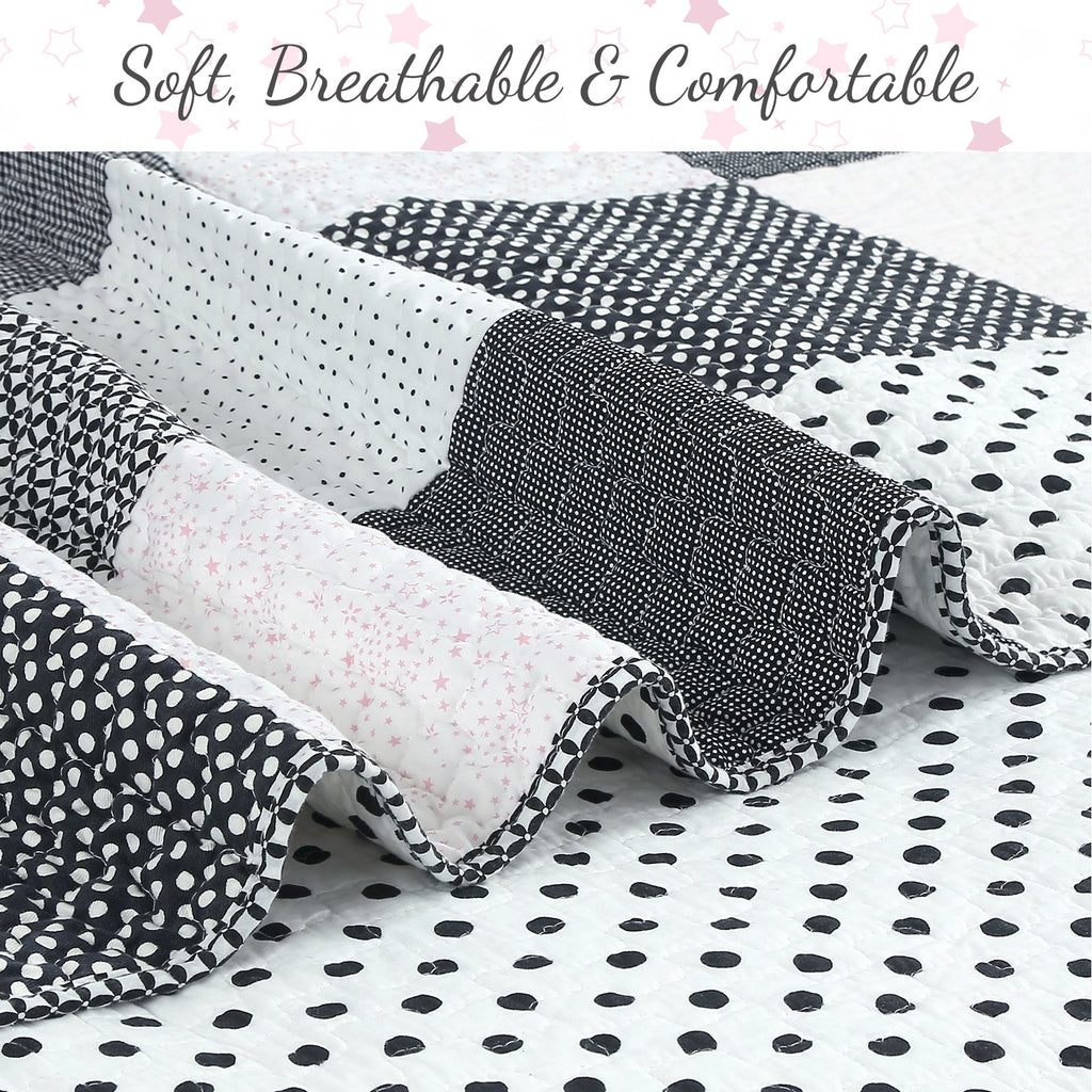 Pink, Black & White Polka Dot Cotton Patchwork Quilt Set