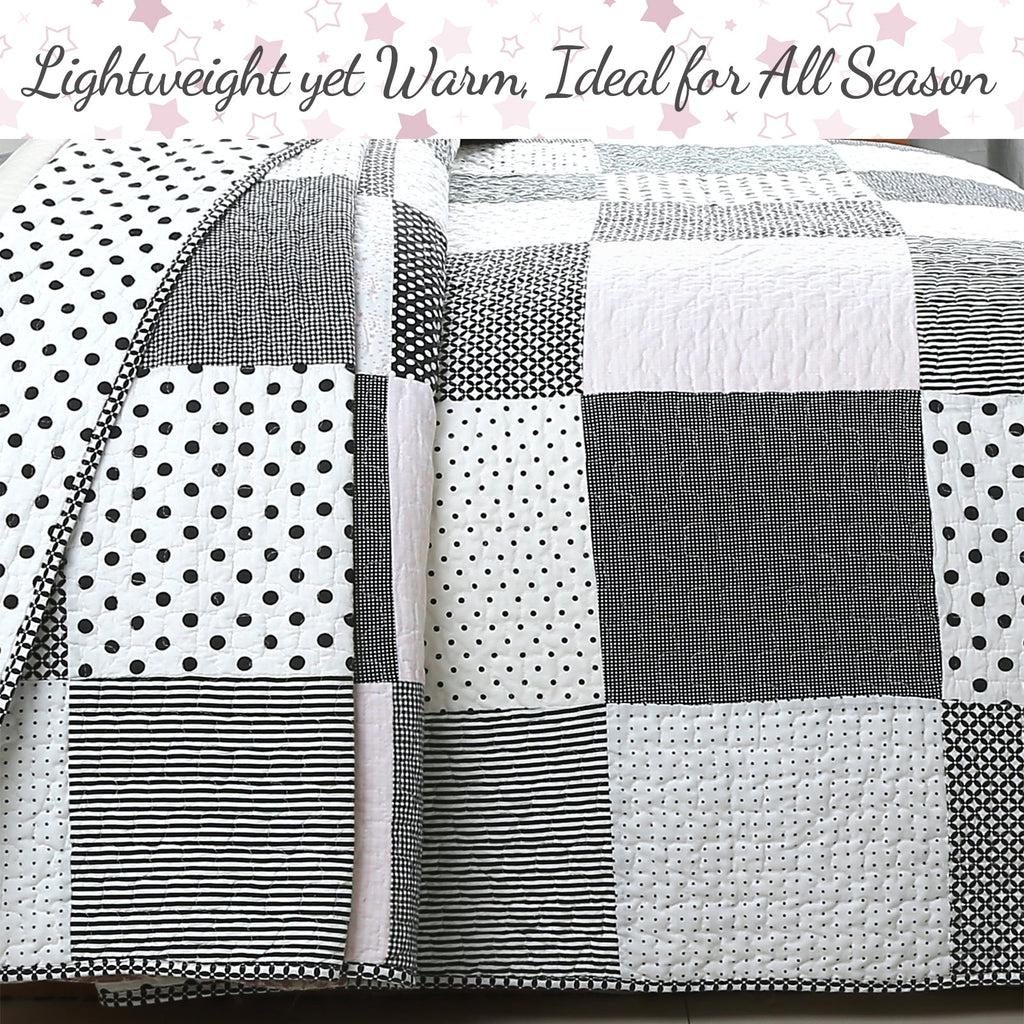 Pink, Black & White Polka Dot Cotton Patchwork Quilt Set