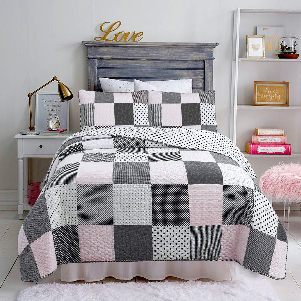 Pink, Black & White Polka Dot Cotton Patchwork Quilt Set