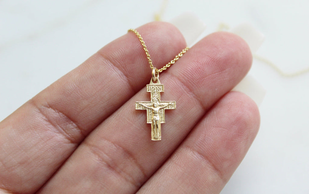 14K Gold San Damiano Crucifix Necklace