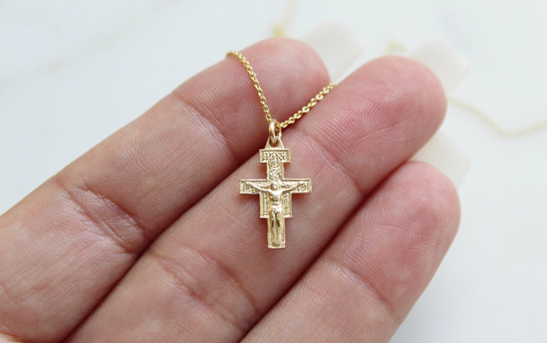 14K Gold San Damiano Crucifix Necklace