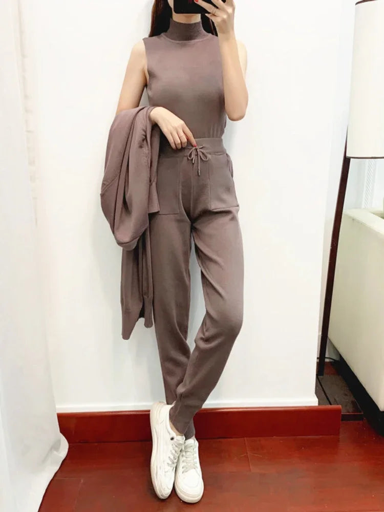 Three-Piece Knit Cardigan, Vest & Pants Set