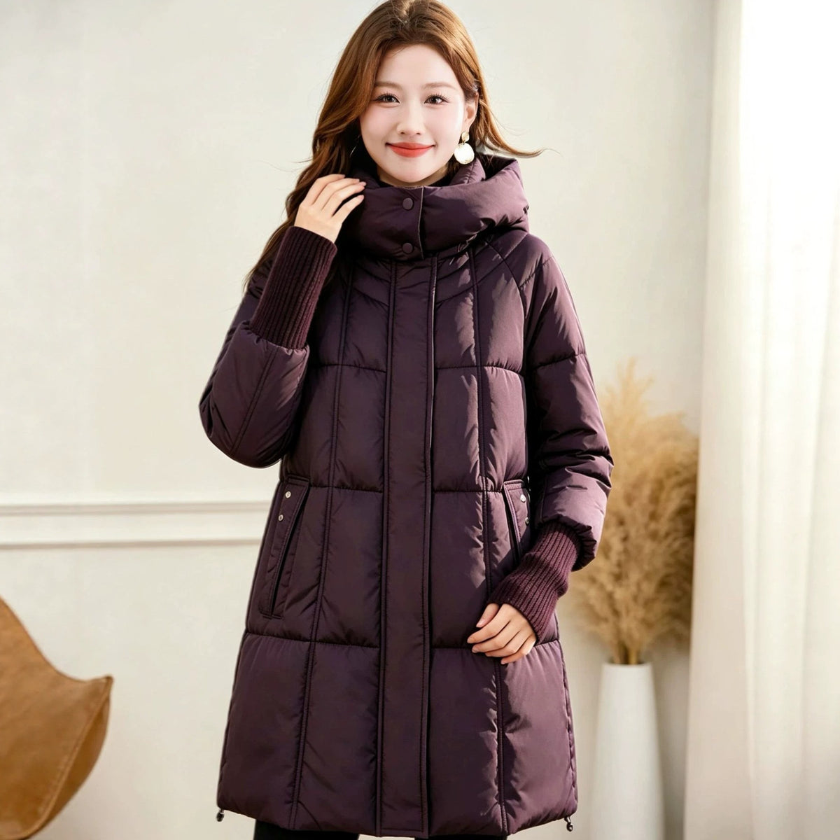 Women's Plus Size Hooded Mid-Length Puffer Jacket