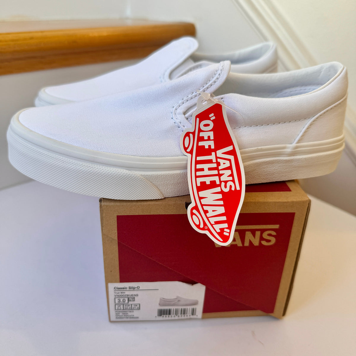 Vans Kids’ Classic Slip-On Sneakers — All White, New