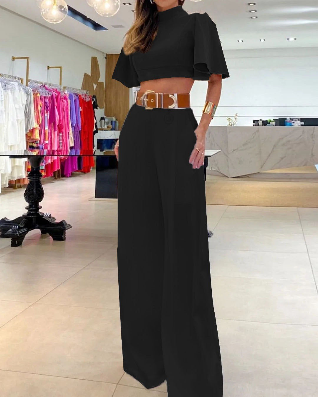 Open-Back Flare-Sleeve Top & Wide-Leg Pants Set