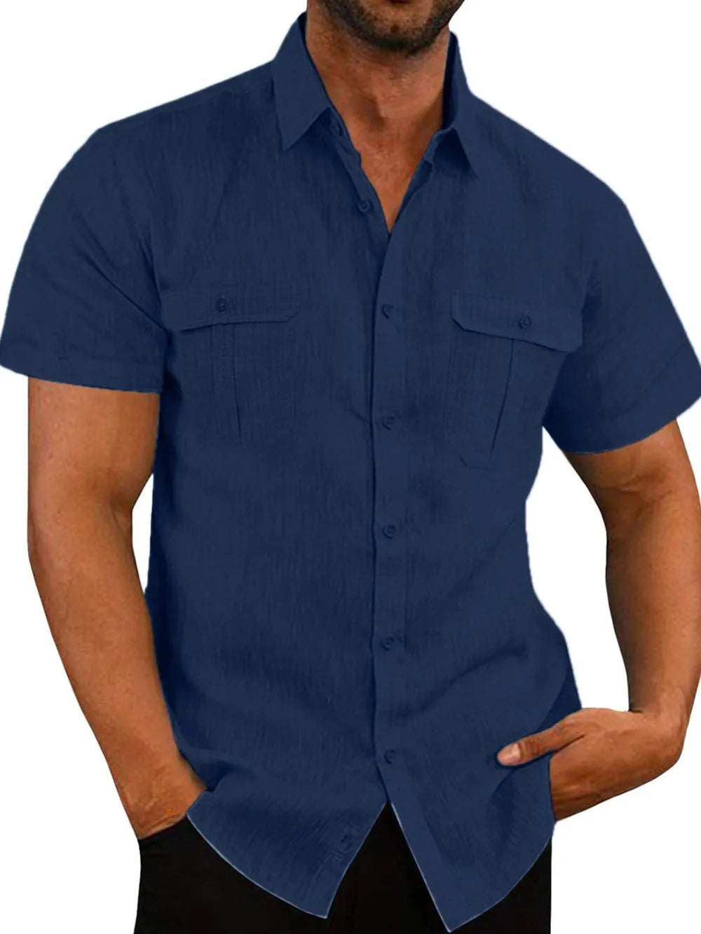 Men's Plus Size Short-Sleeve Linen-Cotton Shirt