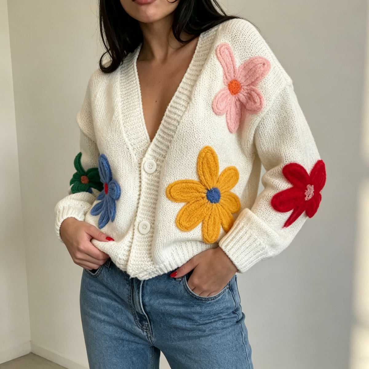 Women's Colorful Floral V-Neck Sweater