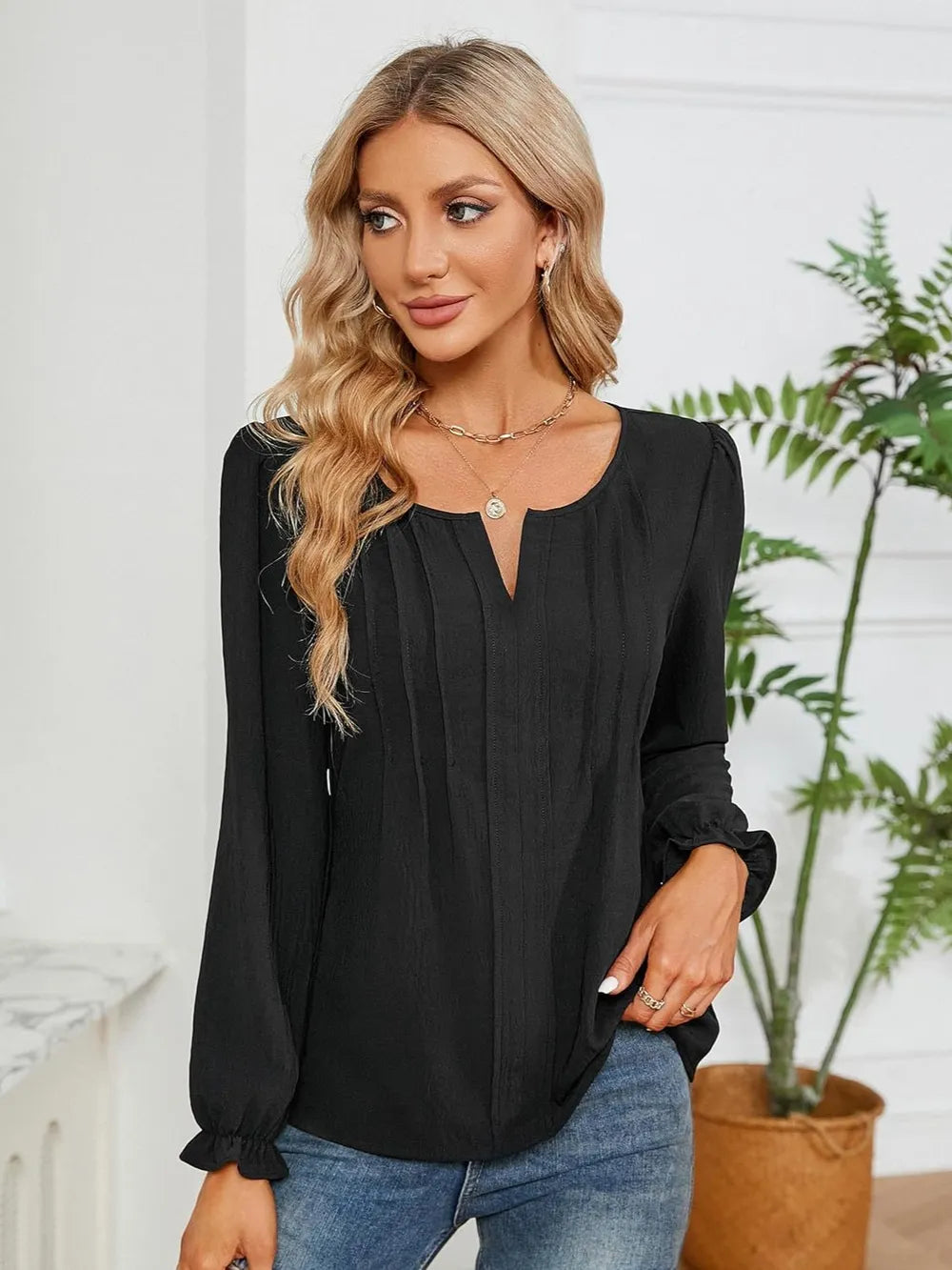 Notched-Neck Flounce-Sleeve Blouse