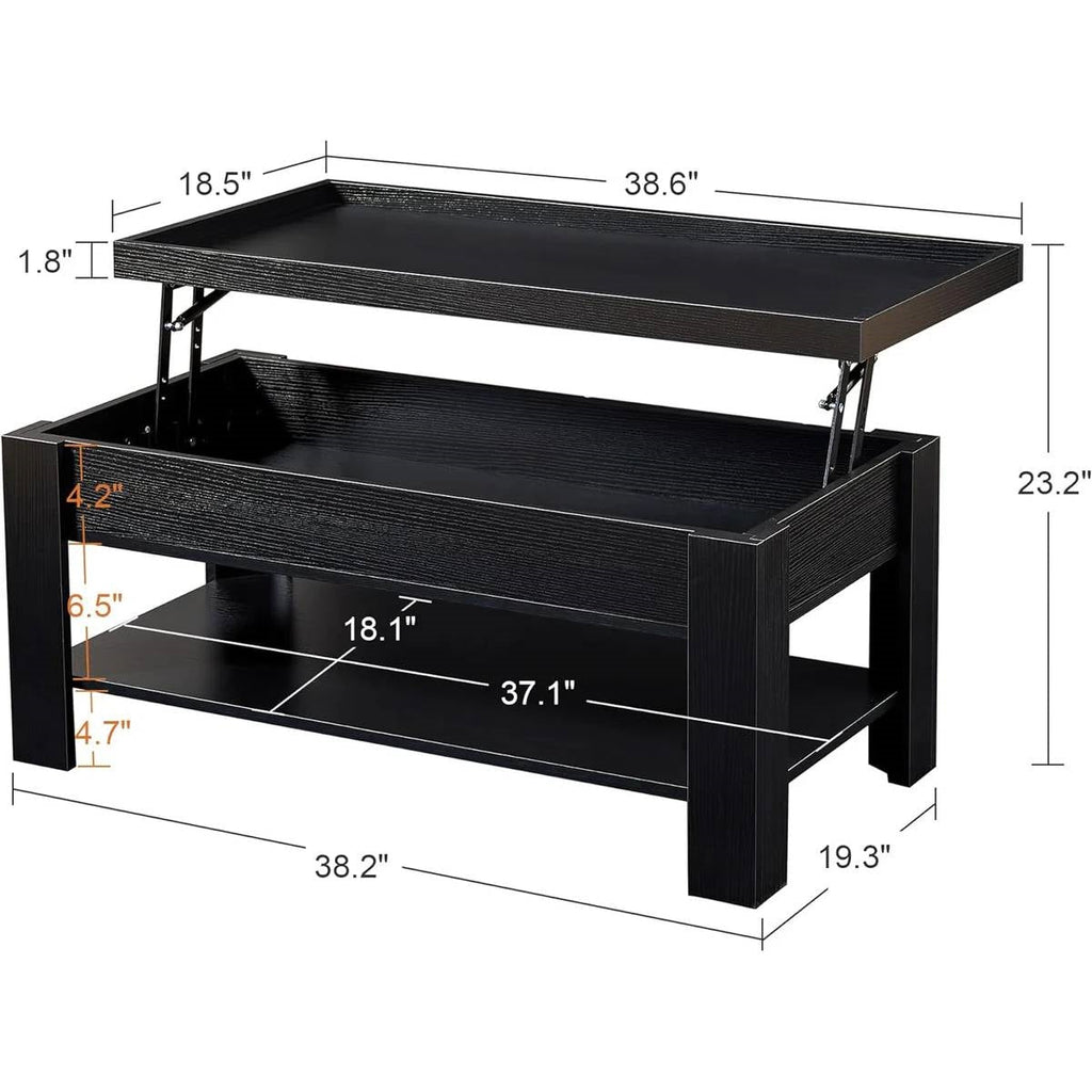 Modern Lift Top Coffee Table Laptop Tray with Storage Shelf in Black Wood Finish