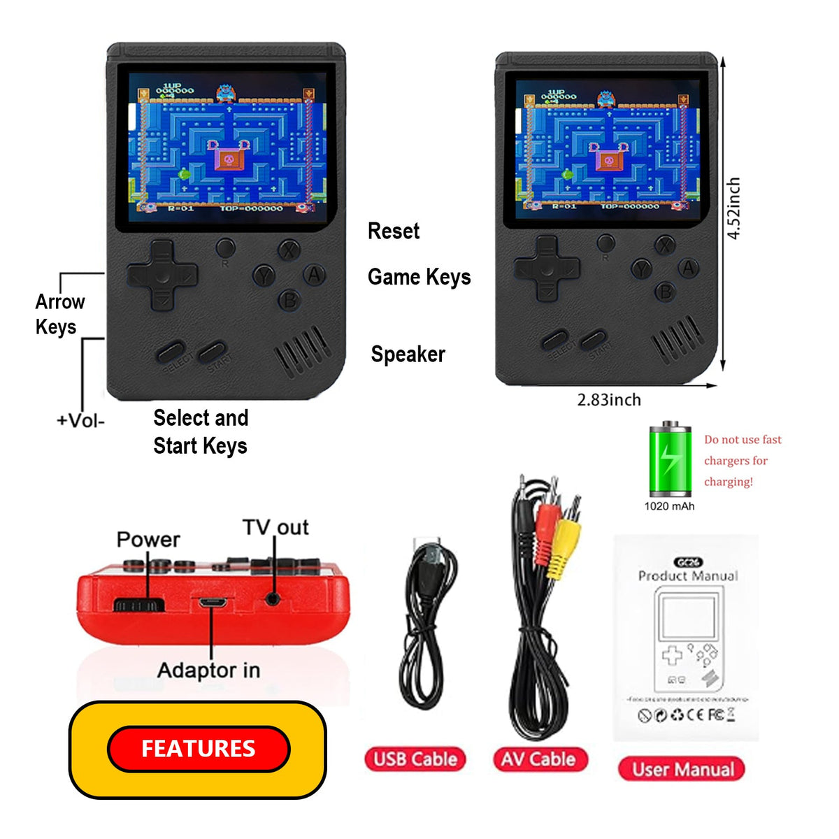 Mini Handheld Arcade Console — 400 Games, Black