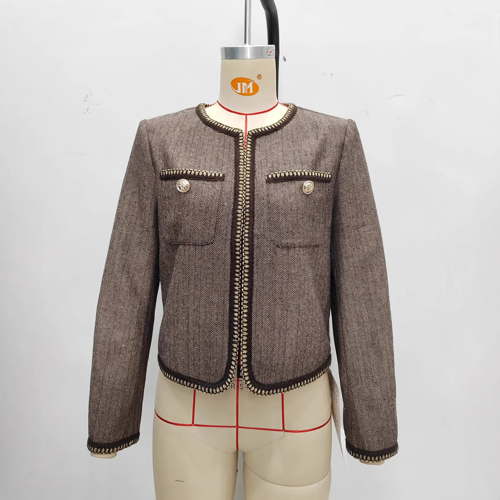 Brown Houndstooth Cropped Jacket