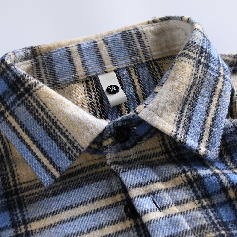 Vintage Plaid Long Sleeve Collar Men's Thickened Brushed Flannel Shirt