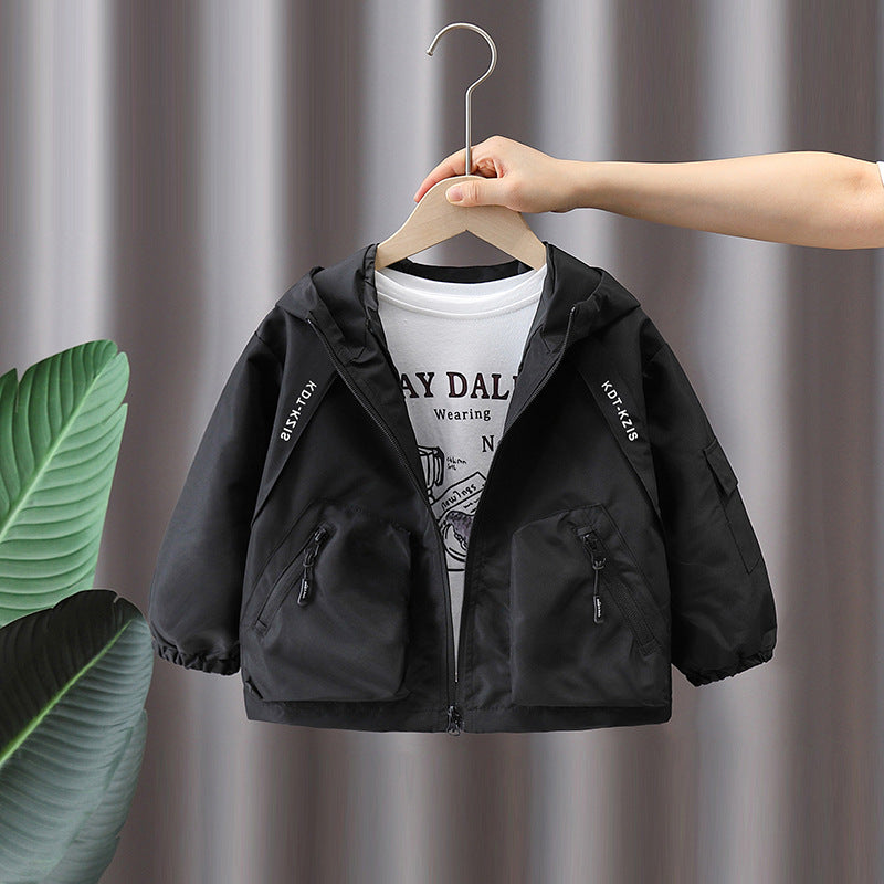 Casual Boys Windbreaker Jacket, Spring Autumn Hooded Black Outerwear for Kids