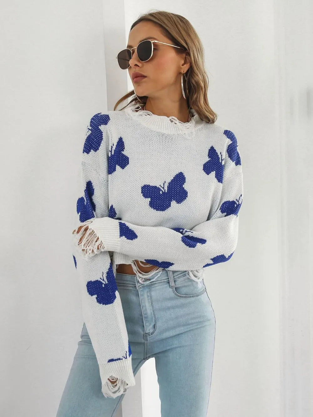 Distressed Butterfly Cropped Sweater