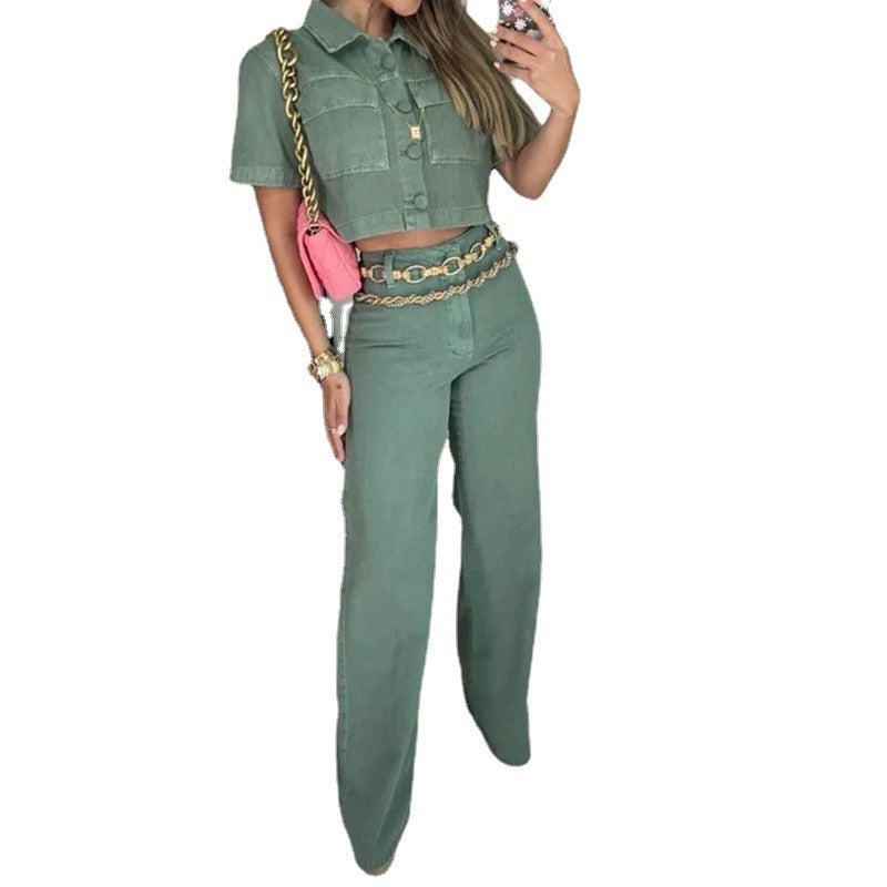 Lapel-Detail Top & Wide-Leg Pants Set