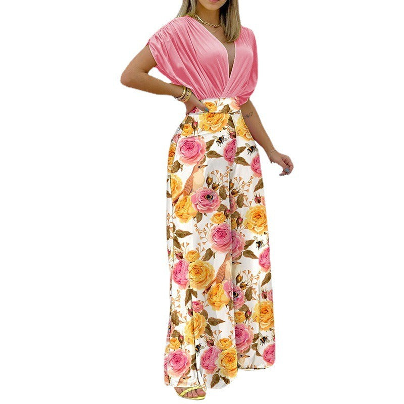 Printed V-Neck Top & Wide-Leg Pants Set