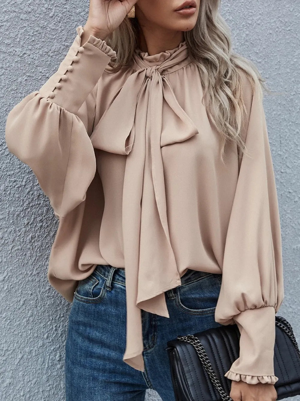 Women's Tie-Neck Lantern-Sleeve Blouse