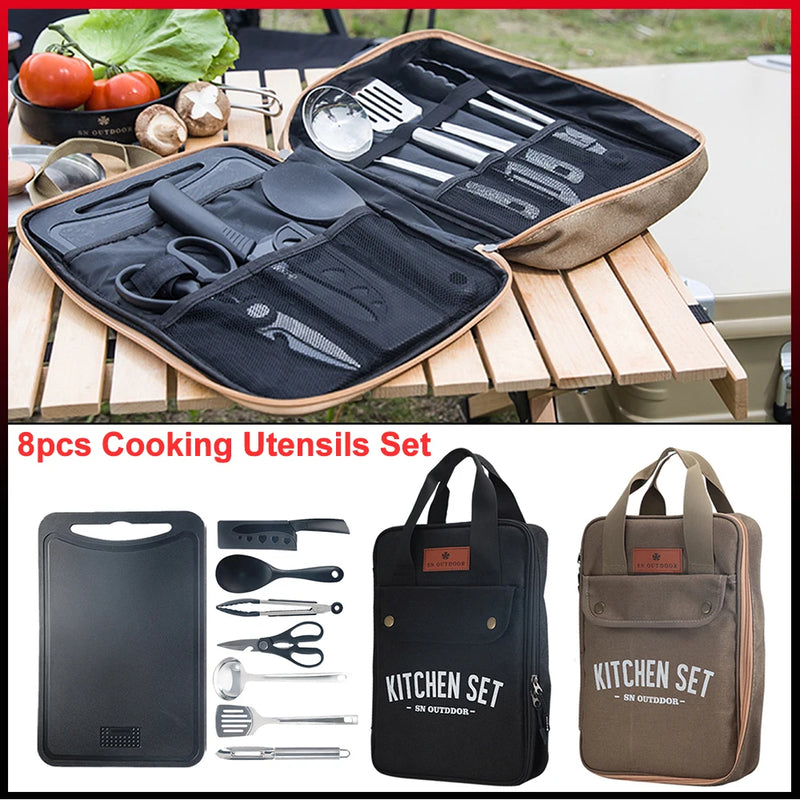 8-Piece Stainless Steel Camping Kitchen Utensil Set with Organizer