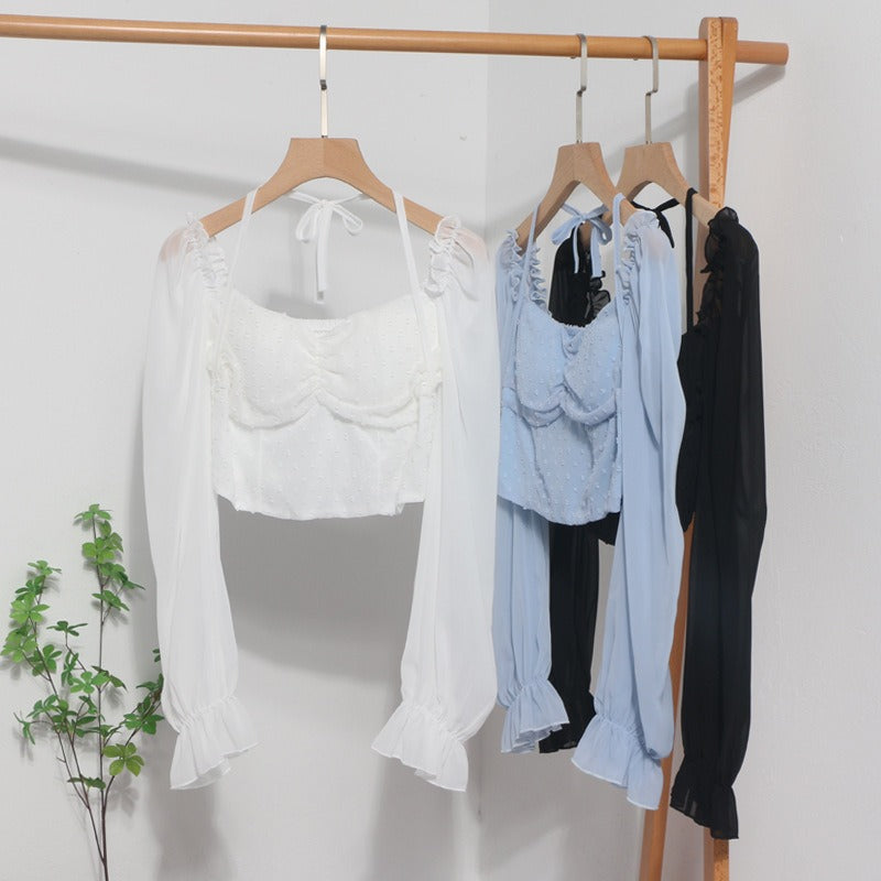 Lace-Up Square-Neck Lantern-Sleeve Crop Top