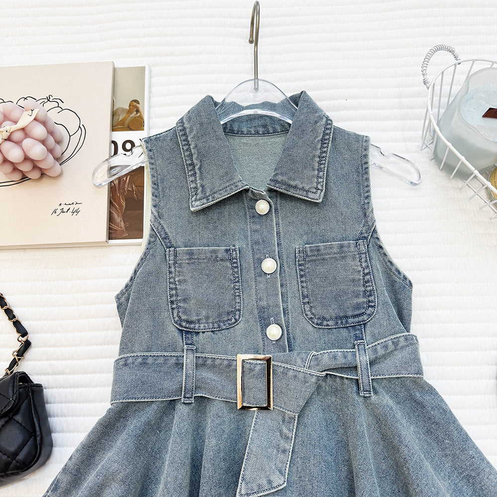 Girls’ Sleeveless Denim Dress with Lace Trim