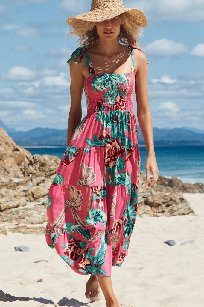 Printed High-Waist Pleated Maxi Dress