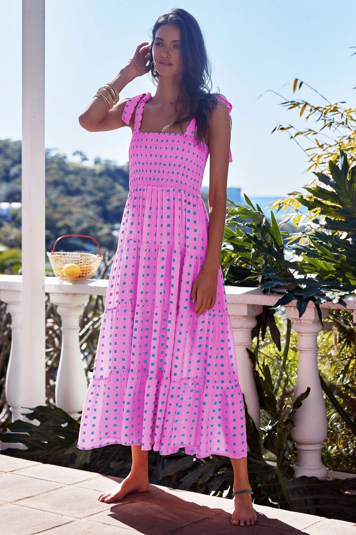 Printed High-Waist Pleated Maxi Dress