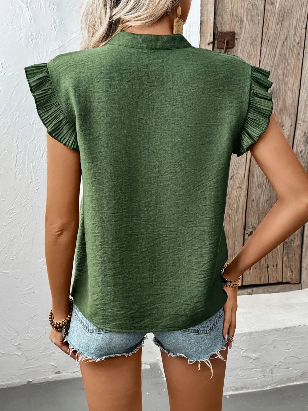 Ruffled Cap-Sleeve V-Neck Blouse