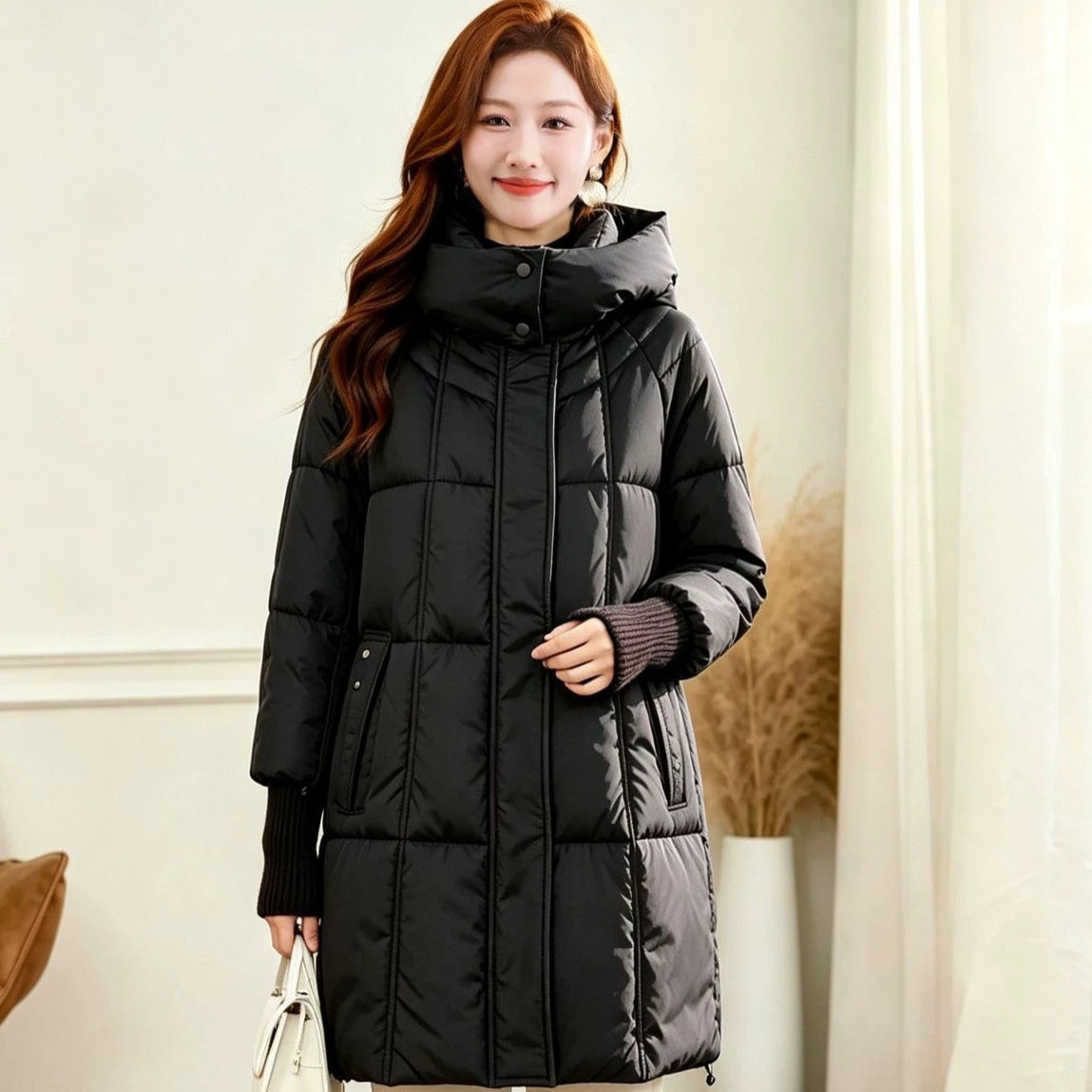 Women's Plus Size Hooded Mid-Length Puffer Jacket