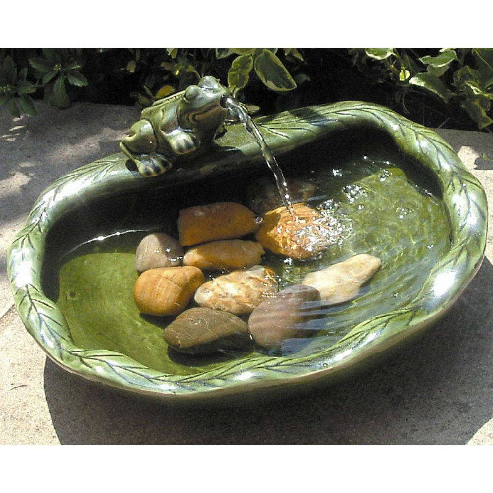Glazed Ceramic Birdbath Fountain with Frog & Solar Pump