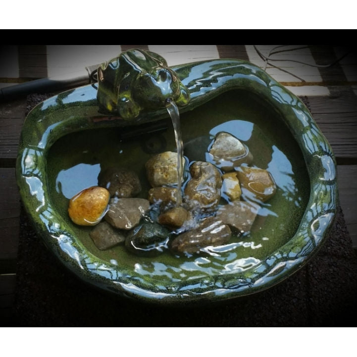 Glazed Ceramic Birdbath Fountain with Frog & Solar Pump