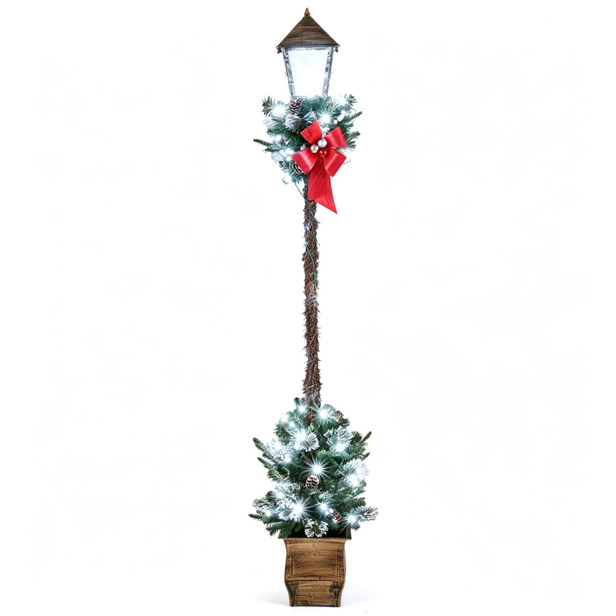 6.1 Feet Christmas Pre-Lit Street Lamp with Artificial Greenery and Snow-flocked Branch Tips
