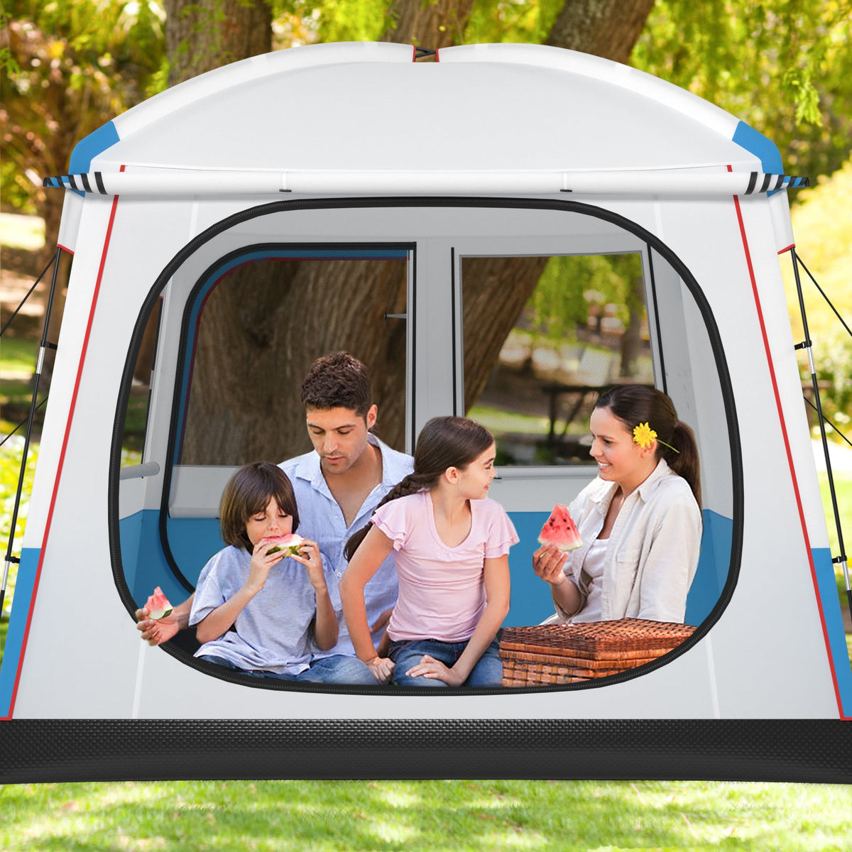 5-Person Camping Tent with Mesh Windows & Carry Bag — Blue/White