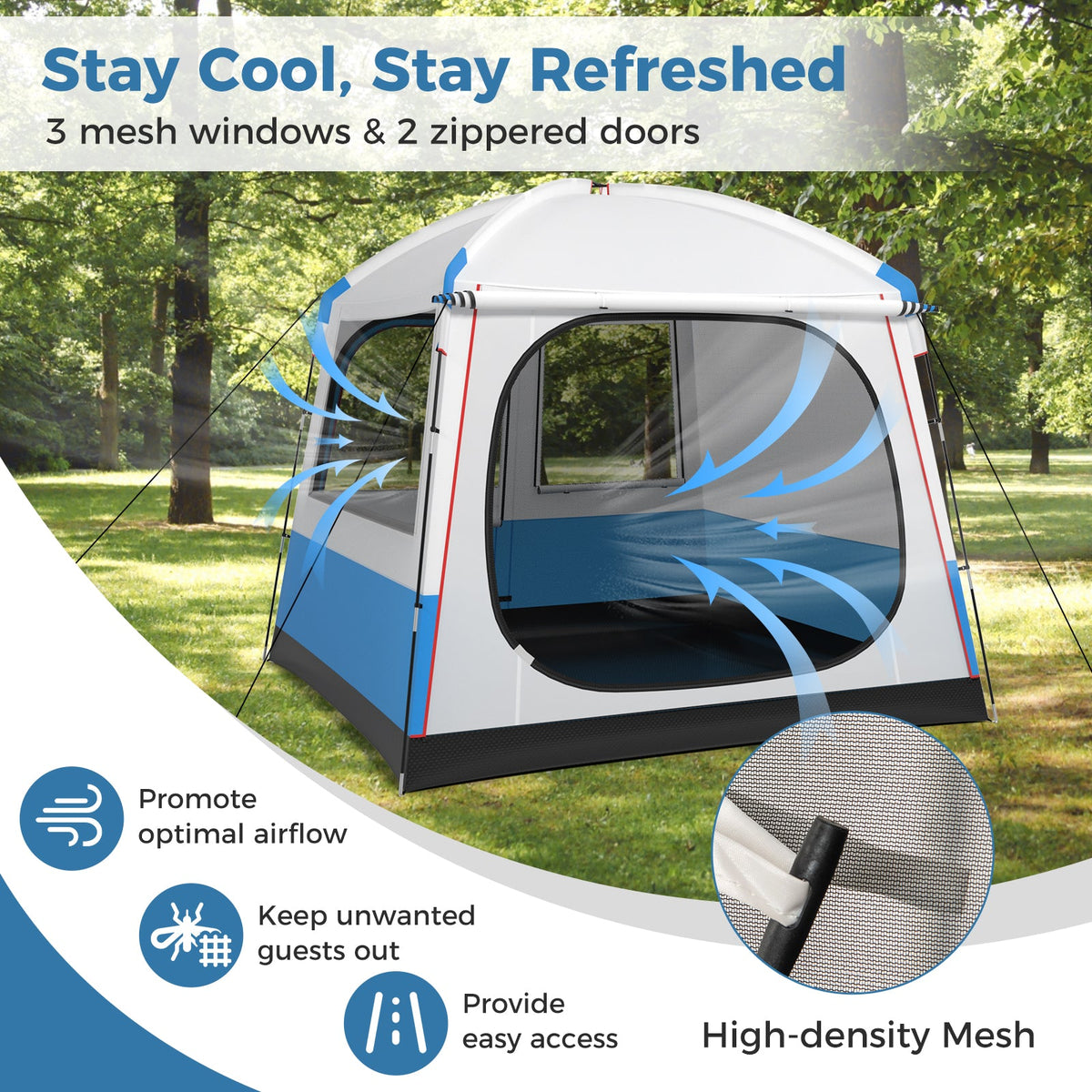5-Person Camping Tent with Mesh Windows & Carry Bag — Blue/White