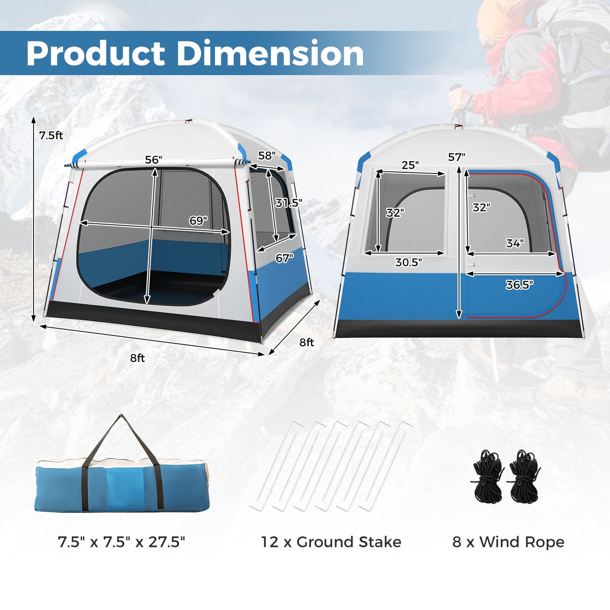 5-Person Camping Tent with Mesh Windows & Carry Bag — Blue/White