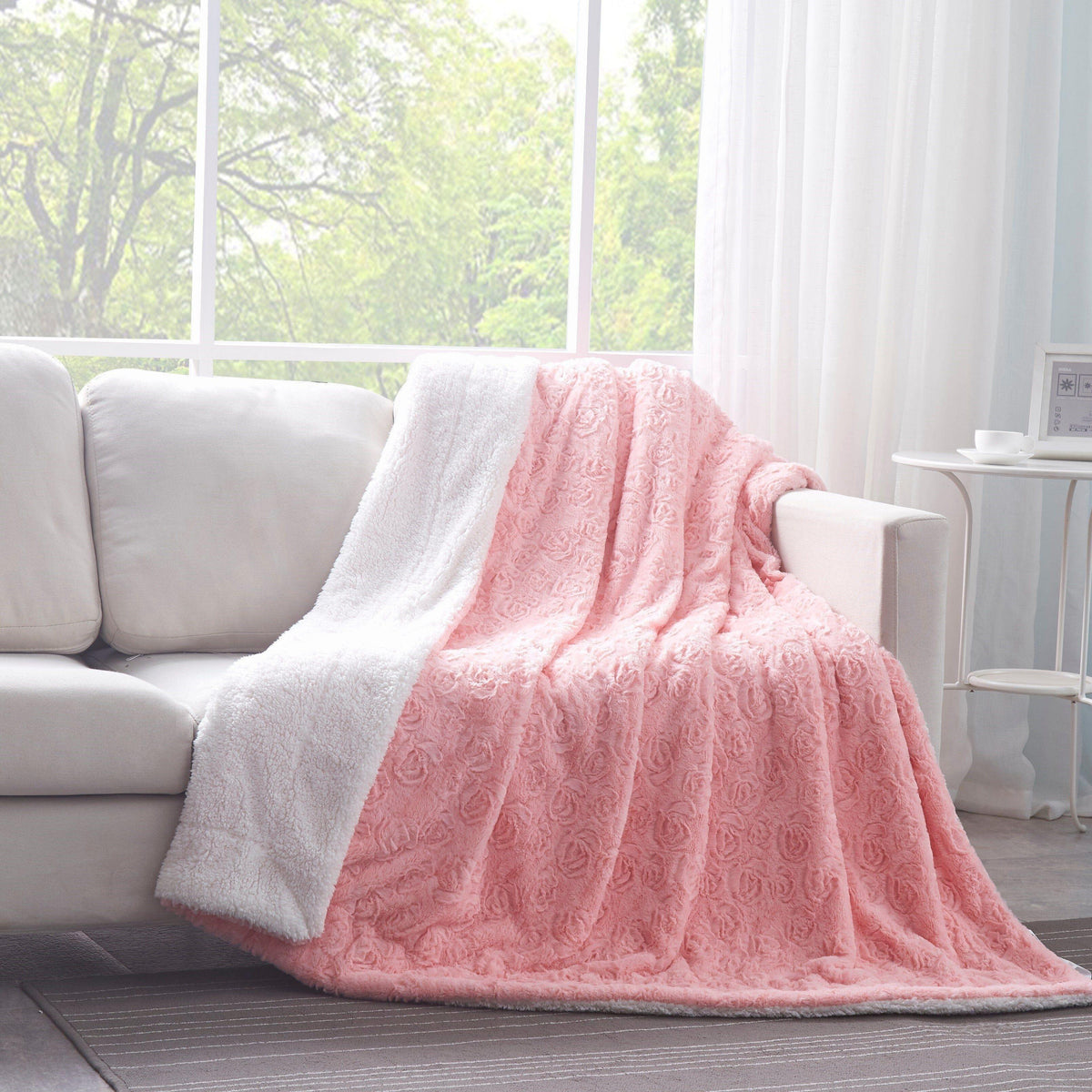 DaDa Bedding Pink Rose Sherpa Fleece Throw Blanket